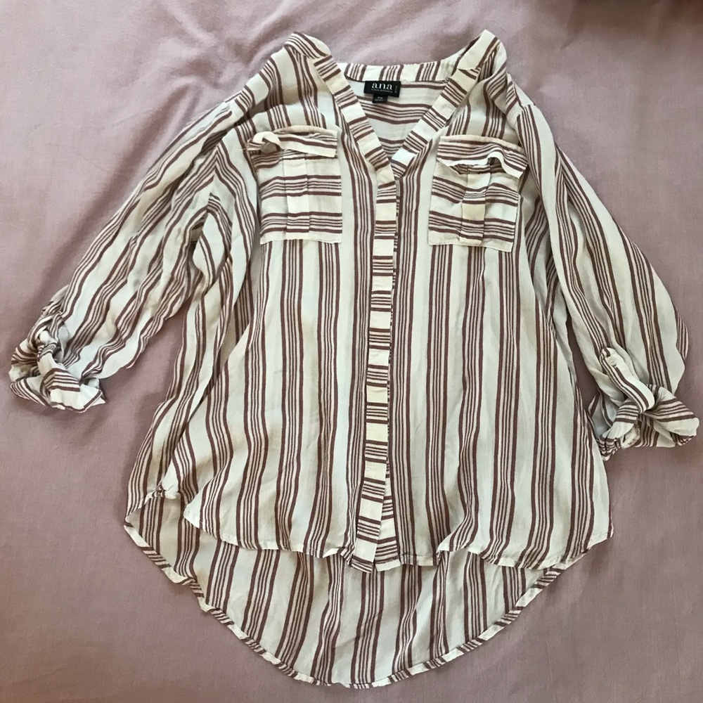 White and Brown Striped Button-Up